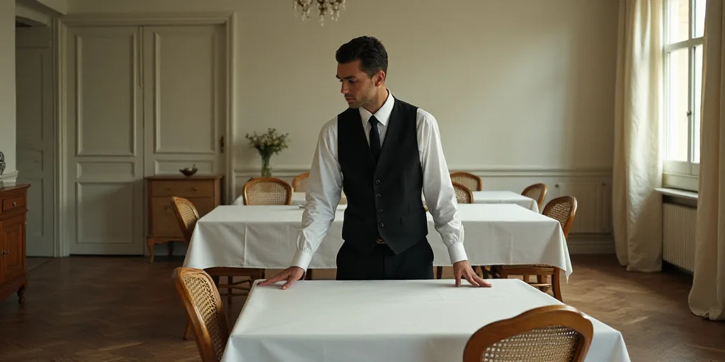 a man in a black vest and tie standing over a table with chairs and a white table with a white table