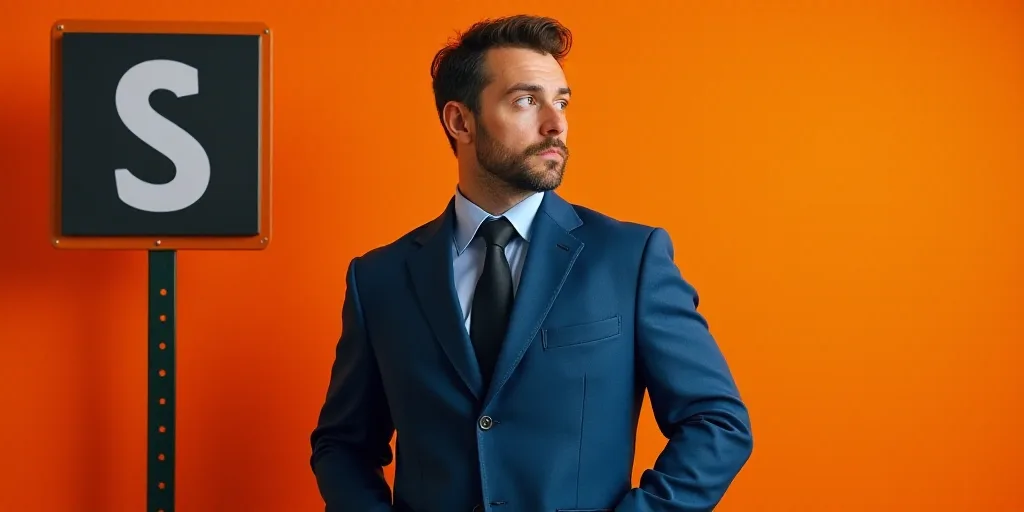 a man in a blue jacket and tie standing in front of an orange background with a black and white sign
