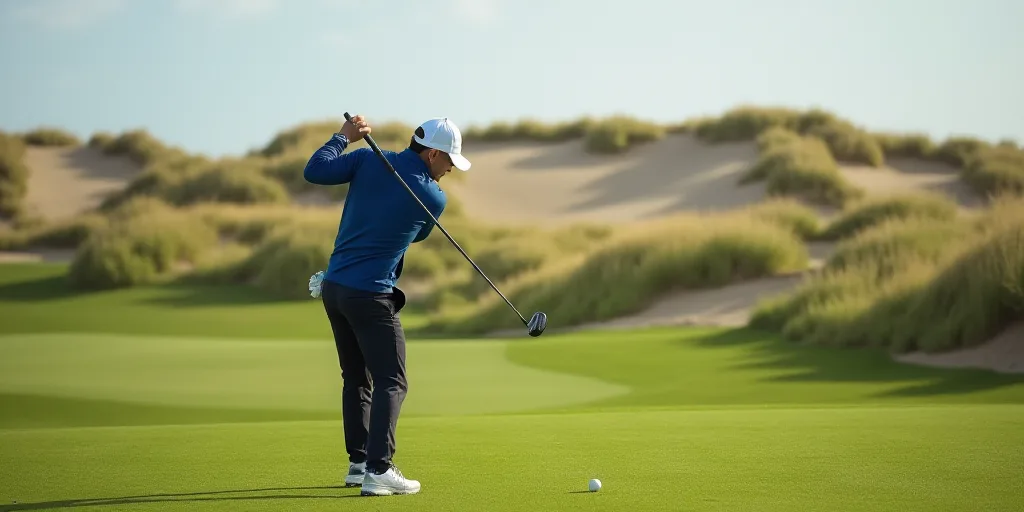 a man in a blue jacket and white hat playing golf on a green field with sand dunes in the background