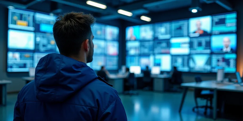 a man in a blue jacket is looking at a wall of monitors and screens in a building with a lot of sign