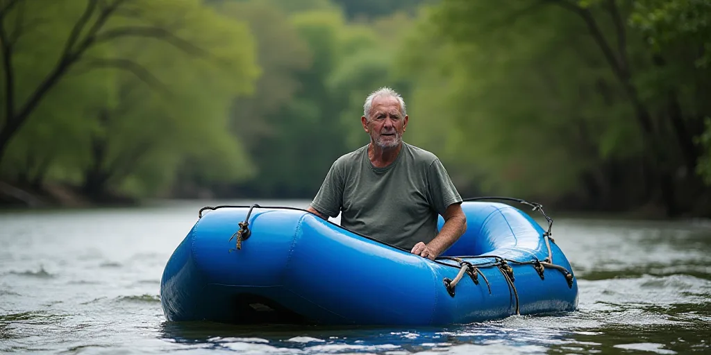 a man in a blue raft on a river with trees in the background and a rope hanging from the side of the