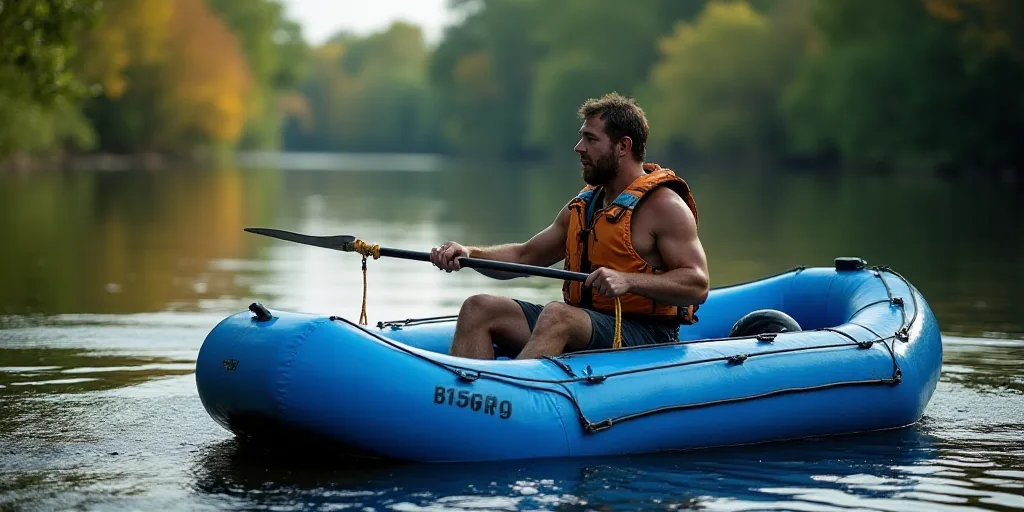 a man in a blue raft on a river with trees in the background and a rope hanging from the side of the