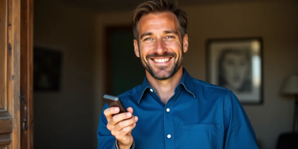 a man in a blue shirt is holding a remote control in his hand and smiling at the camera with a smile