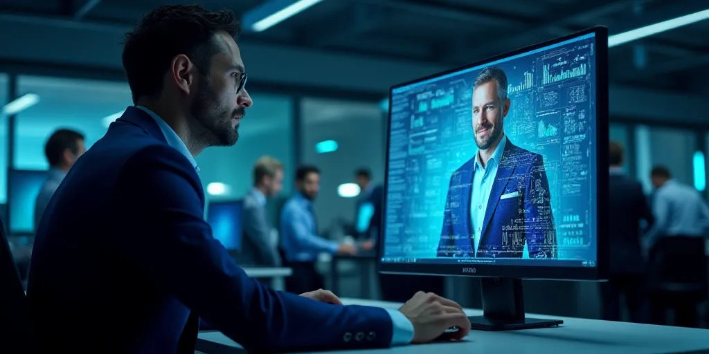 a man in a blue suit is looking at a computer screen with a man in a blue suit on it, Andries Stock,