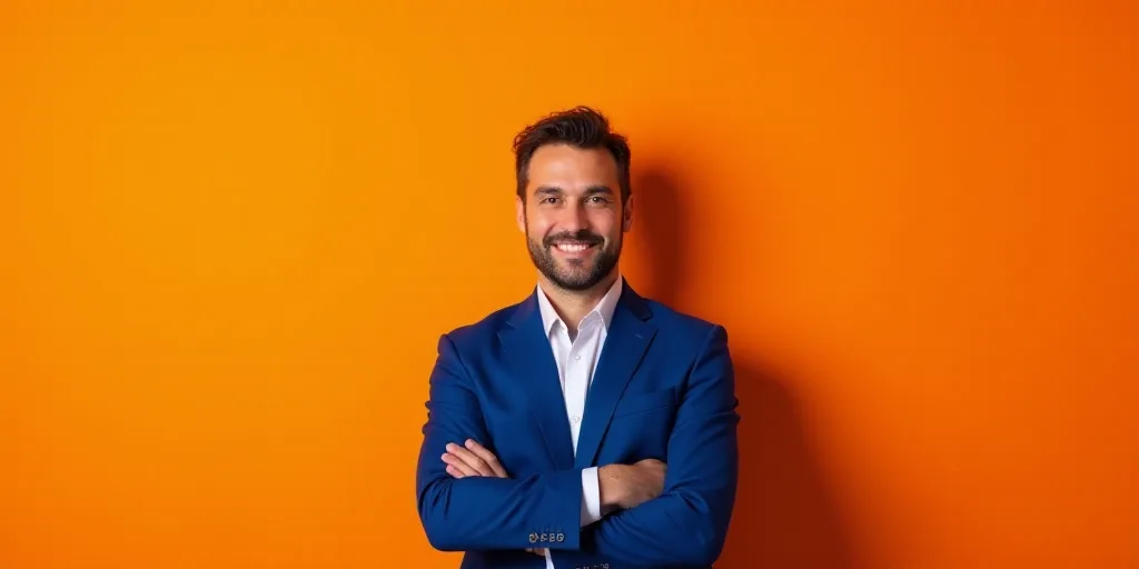 a man in a blue suit standing with his arms crossed and smiling at the camera, with an orange backgr