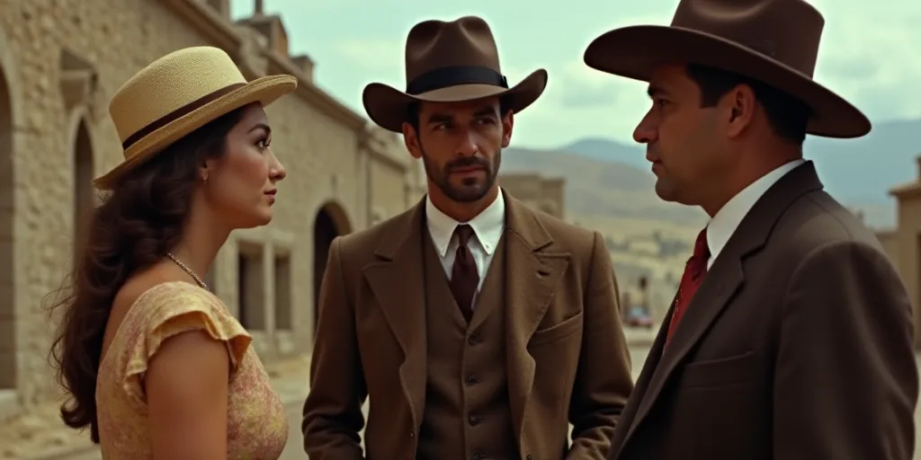 a man in a brown suit and hat standing next to a woman in a dress and a man in a brown hat, Cándido