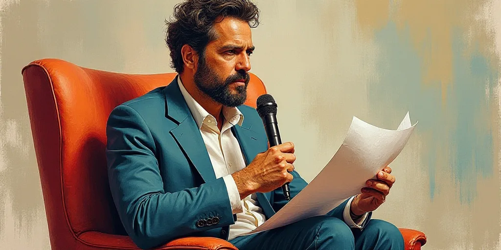 a man in a chair holding a paper and a microphone in his hand and a microphone in his other hand, Ca