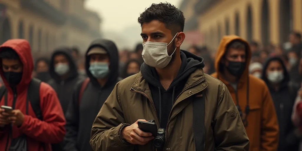 a man in a crowd of people wearing face masks and holding a camera and a cell phone in his hand, Fé