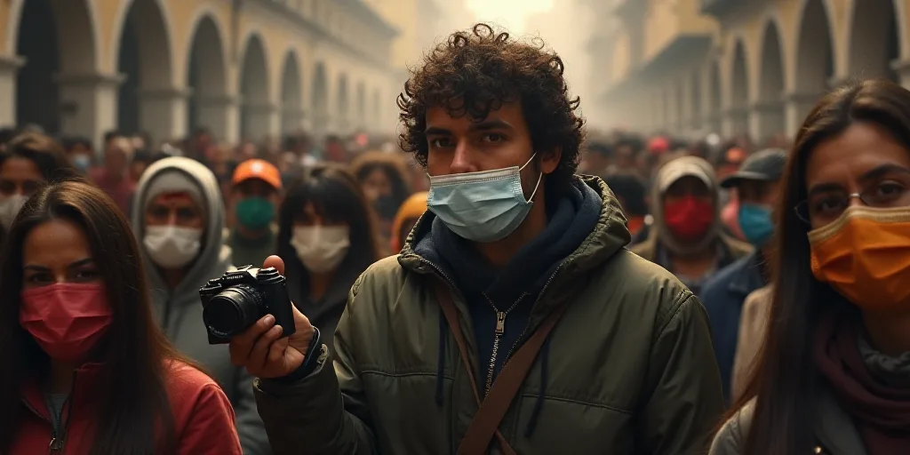 a man in a crowd of people wearing face masks and holding a camera and a cell phone in his hand, Fé
