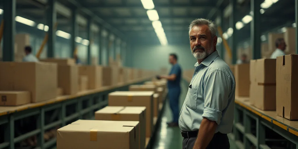 a man in a factory with boxes on the conveyor belt and people in the background looking at the camer
