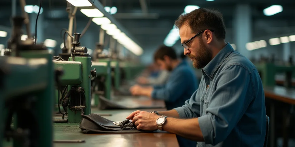 a man in a factory working on shoes with a machine in the background and people in the background wo