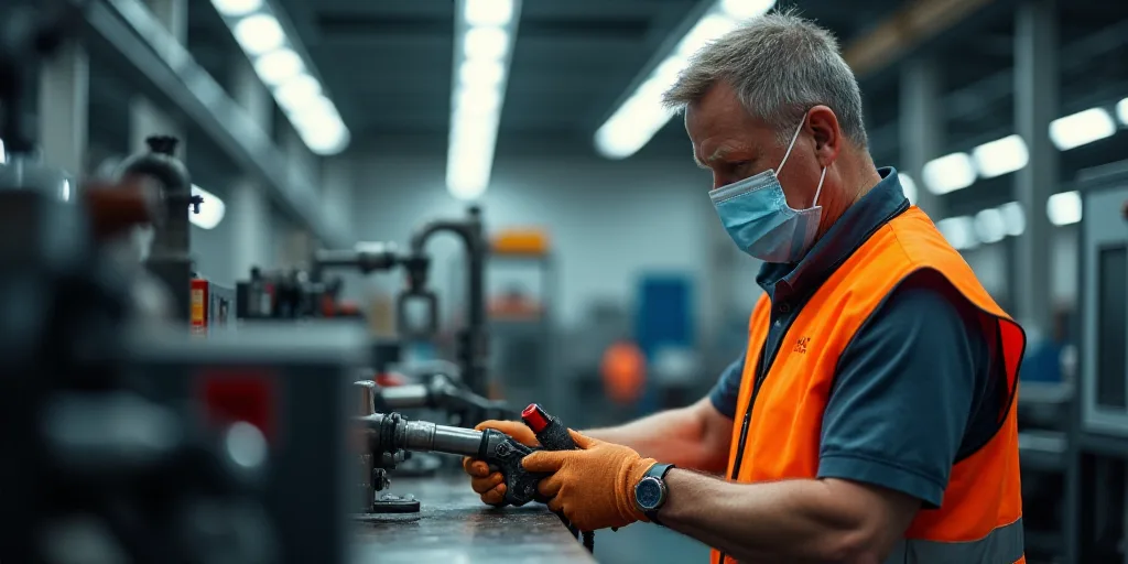 a man in a factory working on a machine with a mask on and a safety vest on and a pair of gloves on,