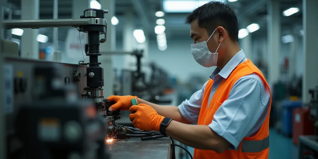 a man in a factory working on a machine with a mask on and a safety vest on and a pair of gloves on,
