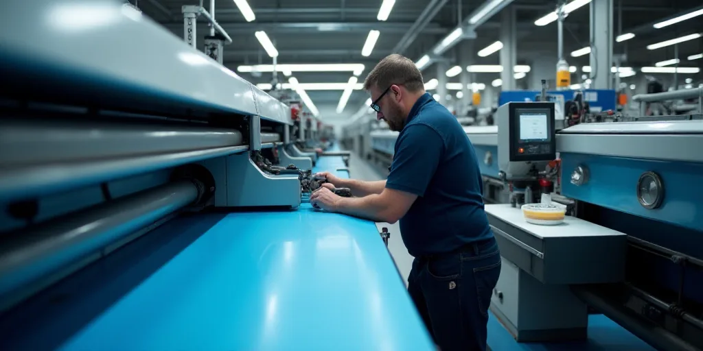 a man in a factory working on a machine with a blue floor and a blue conveyor belt behind him, Andri
