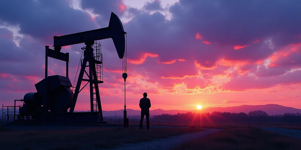 a man in a gas station working on a well at sunset or dawn with a purple and blue sky, Ancell Strona