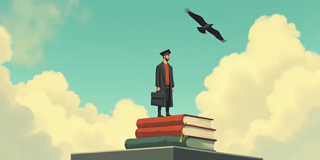 a man in a graduation cap standing on top of a book with a bird flying overhead in the sky, Atey Gha