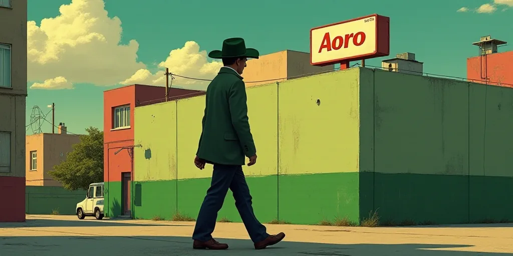 a man in a green hat is walking past a sign that says aoro on it and a building, Afewerk Tekle, prom
