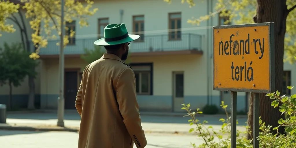 a man in a green hat is walking past a sign that says aoro on it and a building, Afewerk Tekle, prom