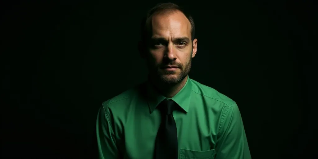 a man in a green shirt and tie looking at the camera with a dark background and a black background,