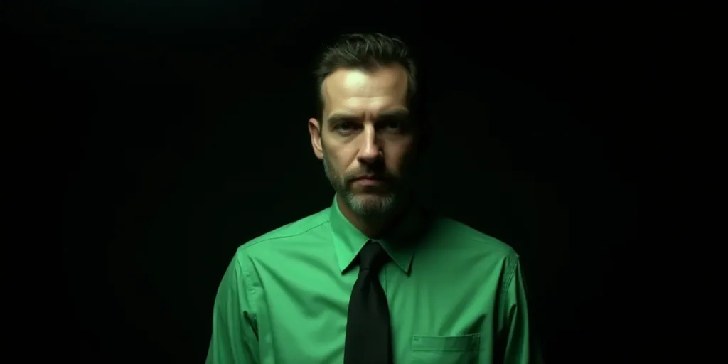 a man in a green shirt and tie looking at the camera with a dark background and a black background,