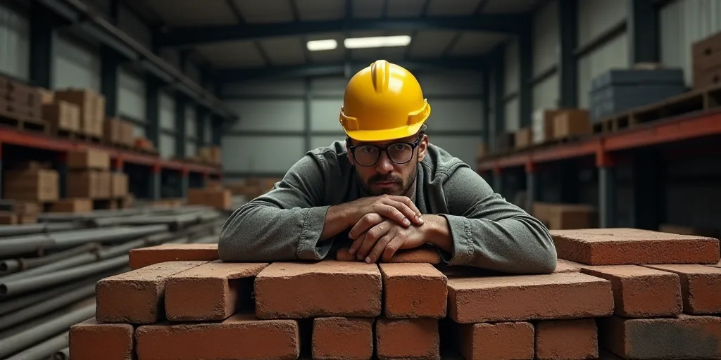 a man in a hard hat and safety gear is leaning over a pile of bricks and steels in a warehouse, Andr