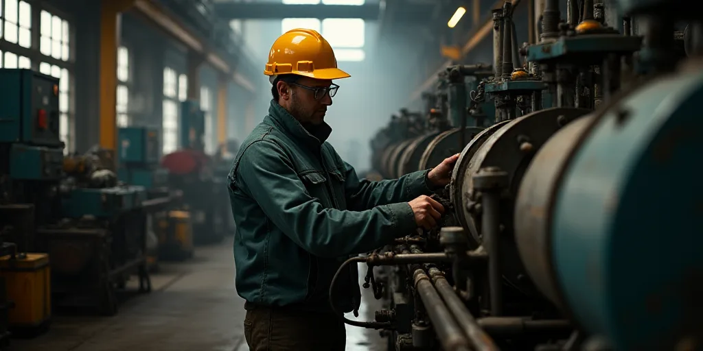 a man in a hard hat and safety gear working on a machine in a factory area with other machinery, Con