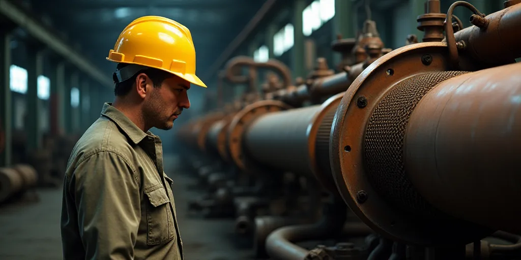 a man in a hard hat standing next to a large pipe and a hose on a machine in a factory, Ceferí Oliv