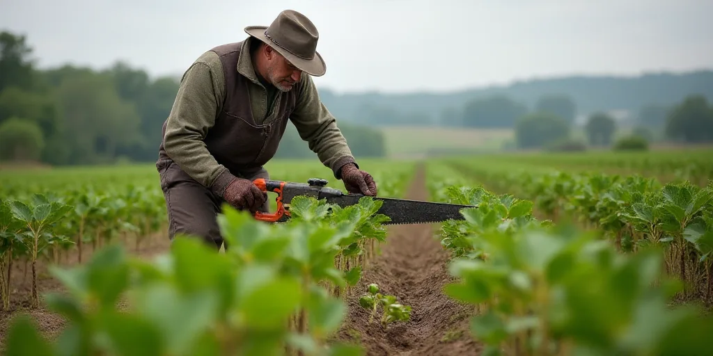 a man in a hat and gloves is picking plants in a field with a saw and a tool in his hand, Don Arday,