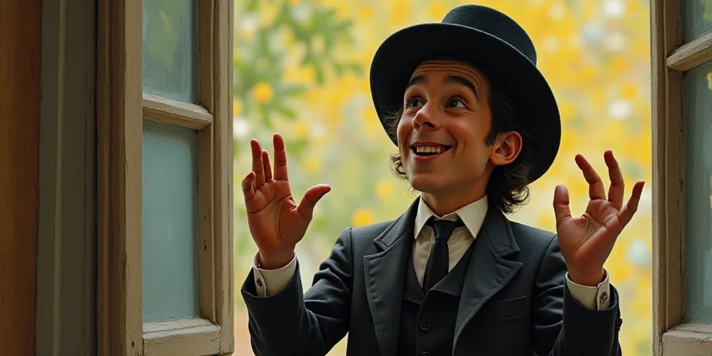 a man in a hat is standing in a window sill and gesturing at something in the air with his hands, Es