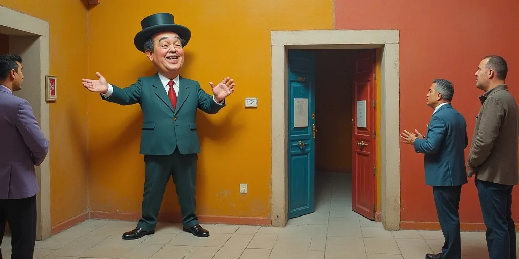 a man in a hat is standing in a doorway and gesturing to someone with his hands in the air, Fernando