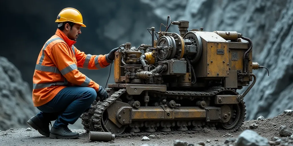 a man in a helmet and safety gear working on a machine in a mine area with a large rock wall, Cao Zh