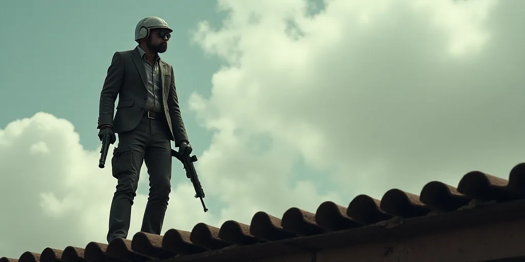 a man in a helmet holding a gun and a rifle in his hand while standing on a roof with a cloudy sky b