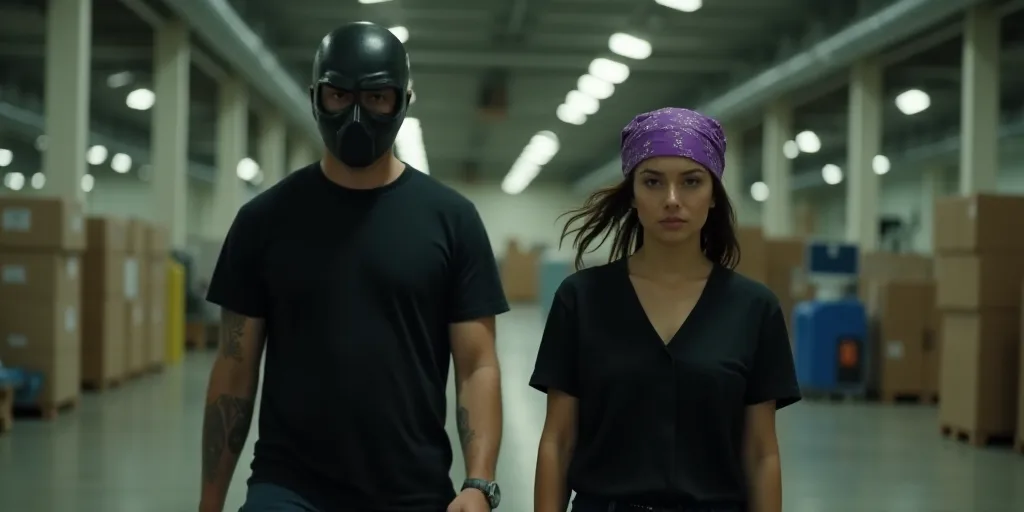 a man in a mask and a woman in a black shirt and a purple bandana are walking in a warehouse, Aracel