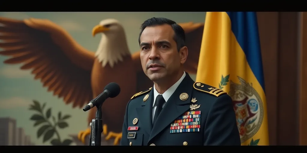 a man in a military uniform is speaking into a microphone and a flag behind him is a picture of a ea