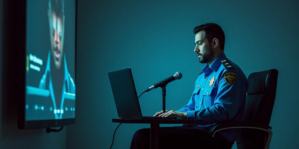 a man in a police uniform sitting in a chair with a laptop computer in front of him and a microphone