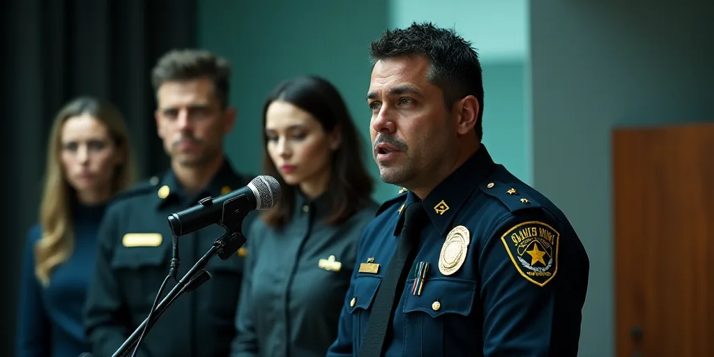 a man in a police uniform speaking into a microphone while two women watch from behind him and a man