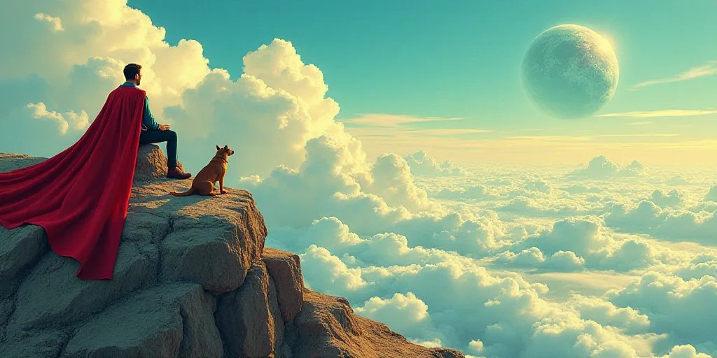 a man in a red cape sitting on a rock with a dog looking at the earth from the top of a hill, Chris