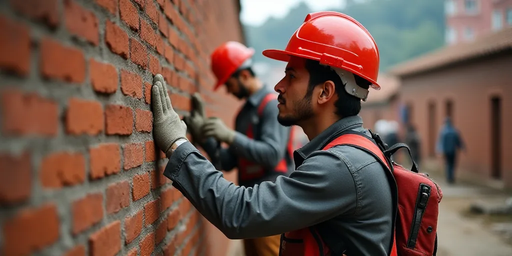 a man in a red hard hat working on a brick wall with a brick worker in the background behind him, Es
