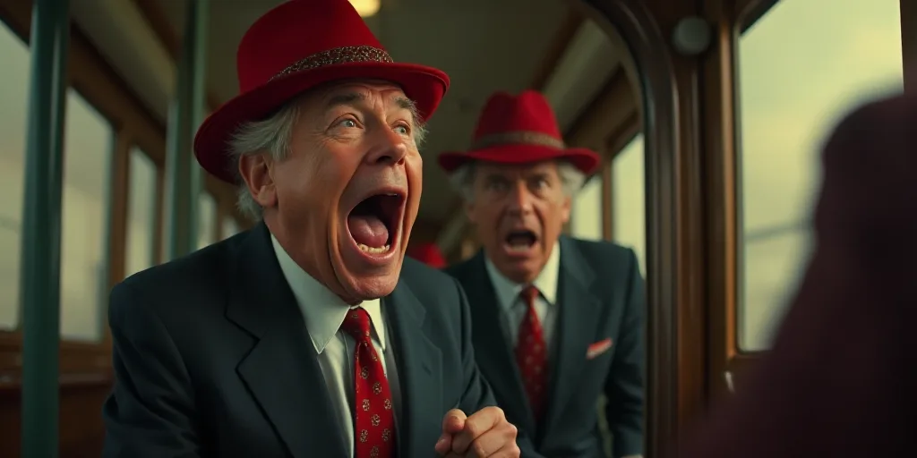a man in a red hat is on a train and is yelling at someone in the mirror behind him, Donald Roller W