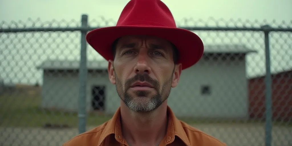 a man in a red hat is standing in front of a fence and a building with a metal fence, Donald Roller