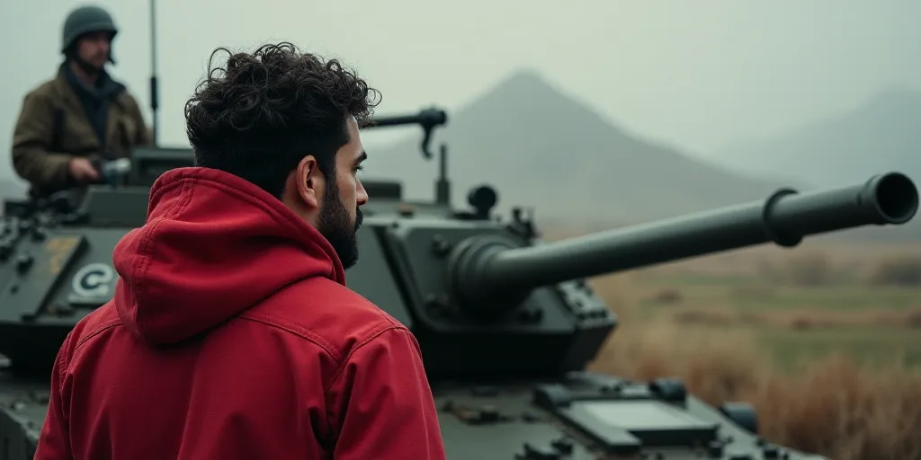 a man in a red hoodie is looking at a machine gun in a tank with a soldier in the background, Afewer
