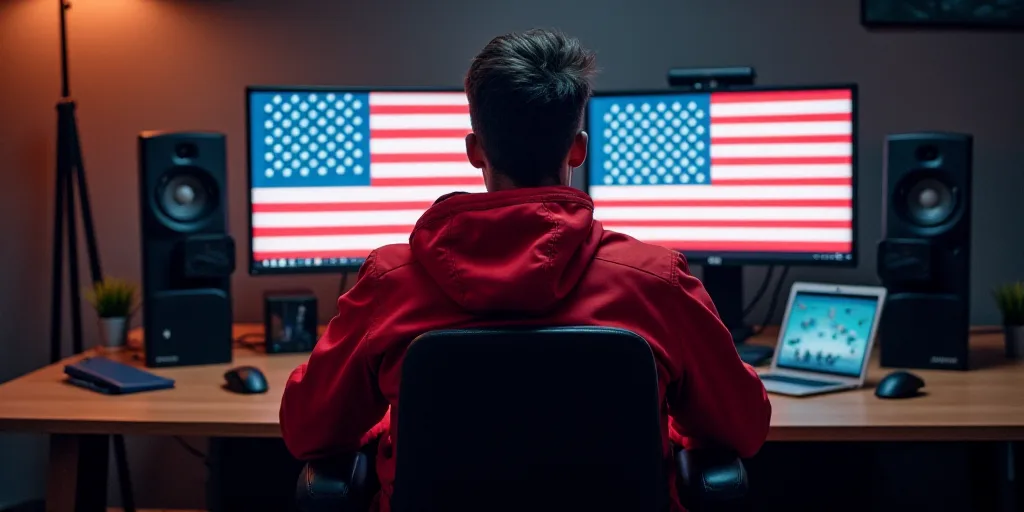 a man in a red jacket sitting in front of two computer monitors with american flags on them and a fl