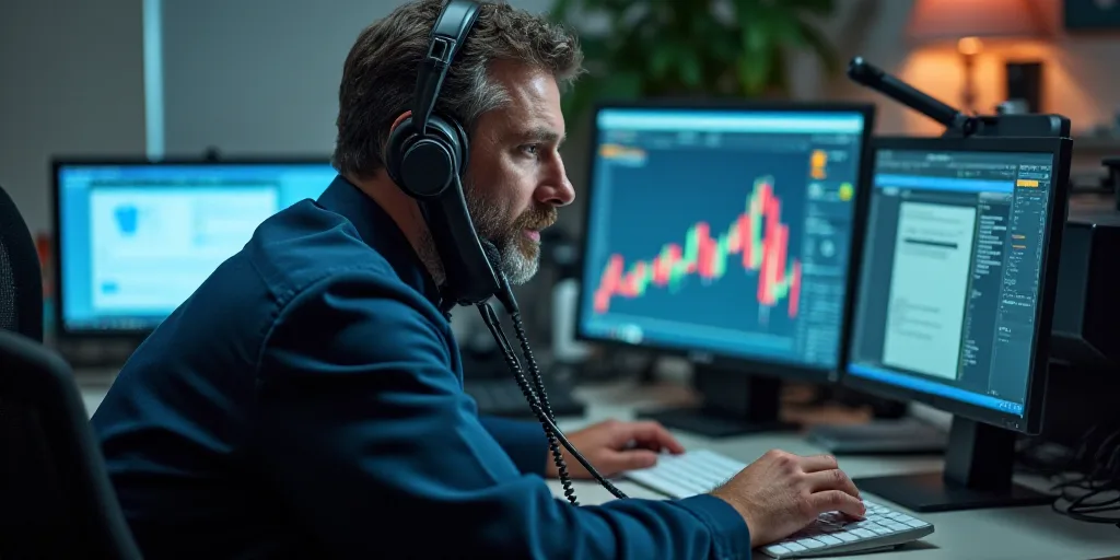 a man in a room with multiple monitors and a telephone to his ear and a microphone to his ear, Andri
