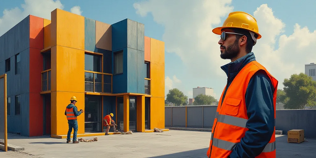 a man in a safety vest standing next to a building with a construction site in the background and a