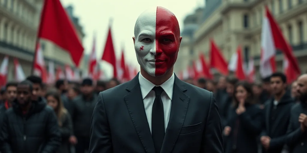 a man in a suit and a mask with a flag on it in front of a group of people, Bourgeois, dystopia, a s