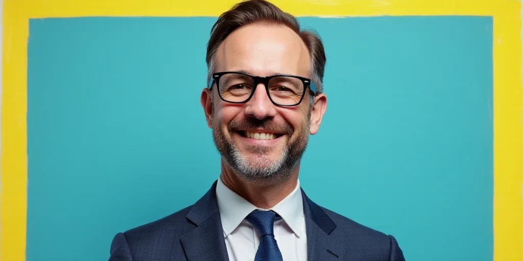 a man in a suit and glasses is smiling for the camera with a blue background and a yellow border, Ed