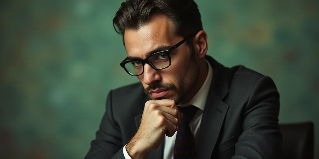 a man in a suit and glasses is looking at the camera with his hand on his chin and his chin resting