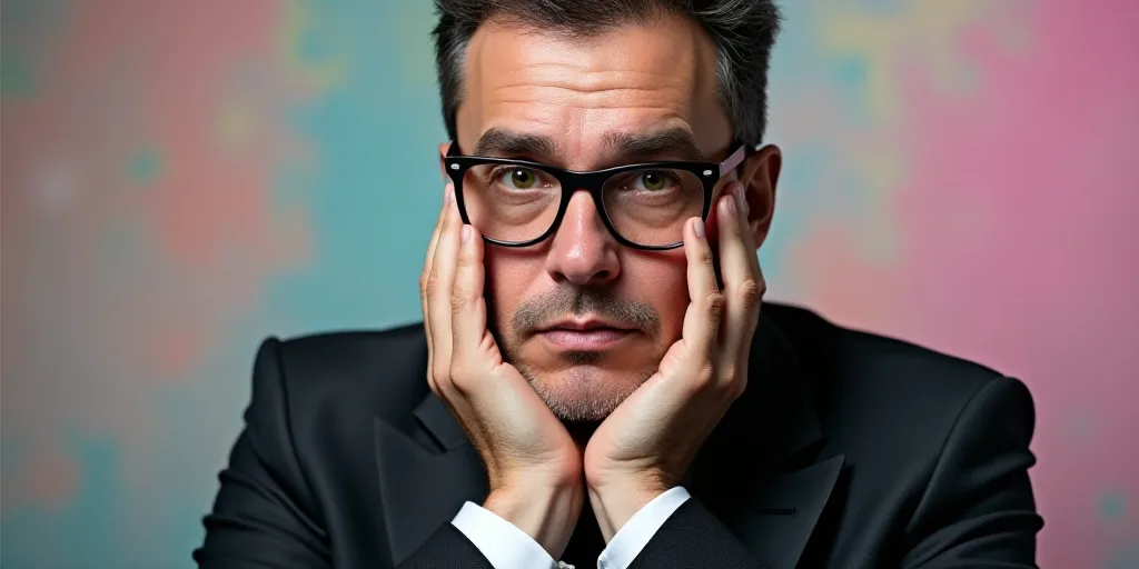 a man in a suit and glasses is posing for a picture with his hands on his chins and his chin resting