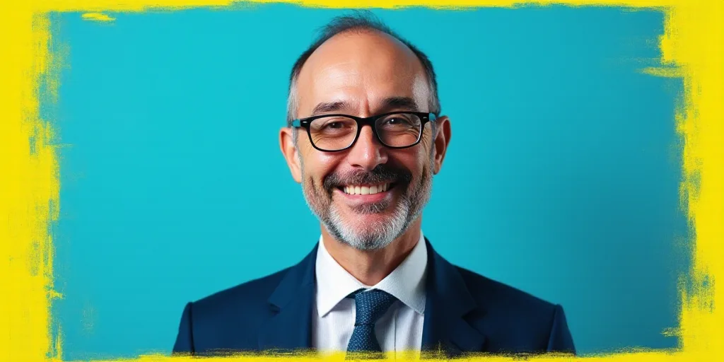 a man in a suit and glasses is smiling for the camera with a blue background and a yellow border, Ed