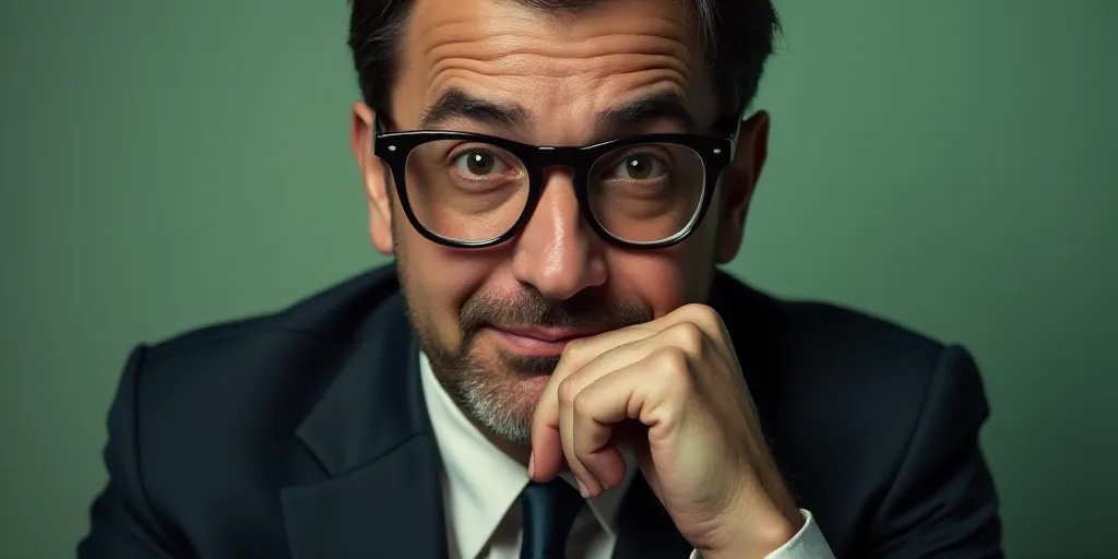 a man in a suit and glasses is looking at the camera with his hand on his chin and his chin resting